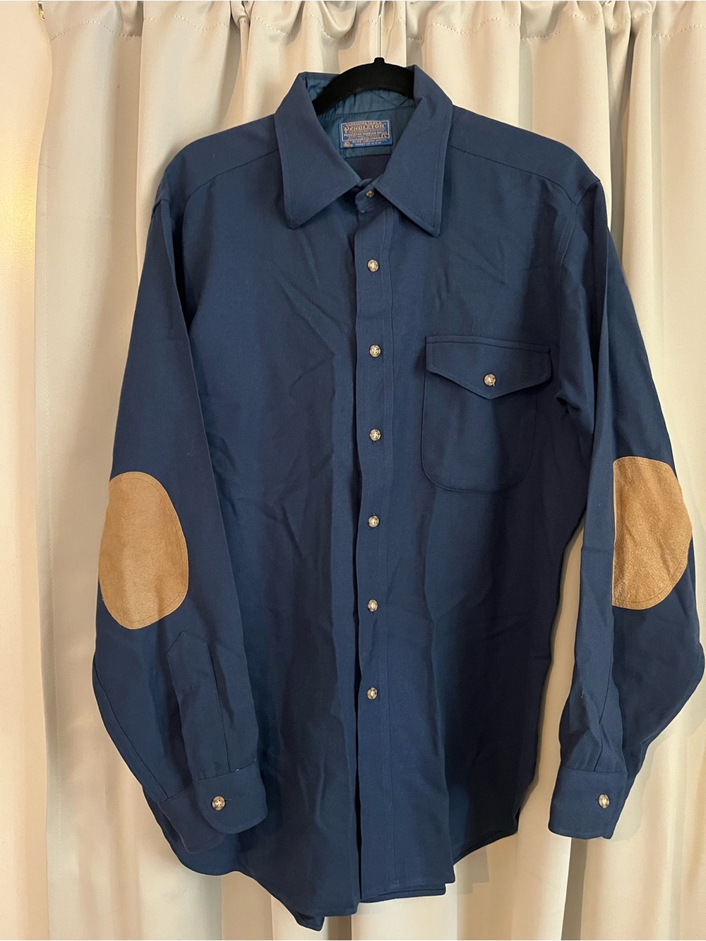 Vintage Pendleton Navy Button-Front Western Shirt with Tan Elbow Patches